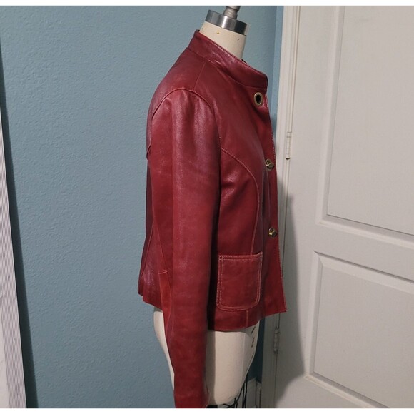 Wilsons Leather Jacket Womens L Red Old Money Moto Biker Bikercore Mock Collar - Picture 3 of 13